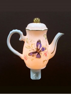 Porcelain Butterfly on Teapot Night Light with Gift Box